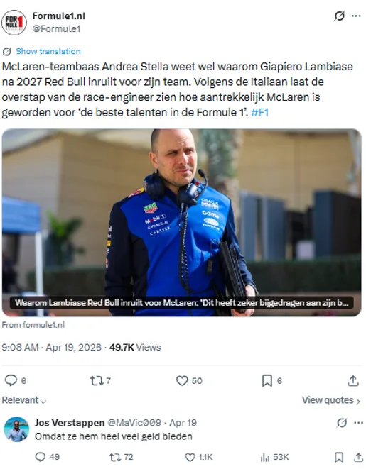Jos Verstappen on Lambiase's departure to McLaren: ‘Because they offer a lot of money’